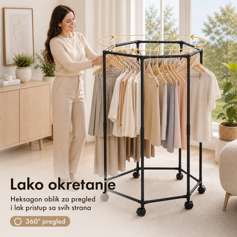 Pokretni stalak za odeću i sušenje – Crni heksagon organizer na točkićima