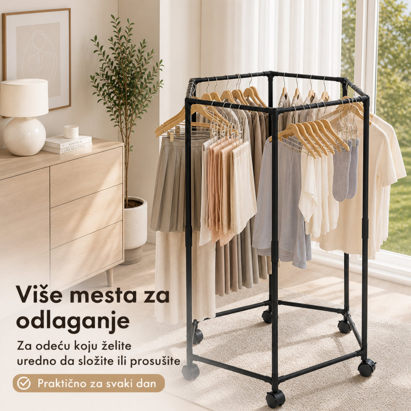 Pokretni stalak za odeću i sušenje – Crni heksagon organizer na točkićima