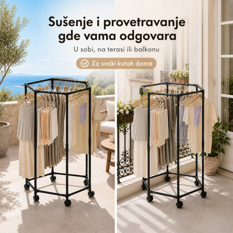 Pokretni stalak za odeću i sušenje – Crni heksagon organizer na točkićima