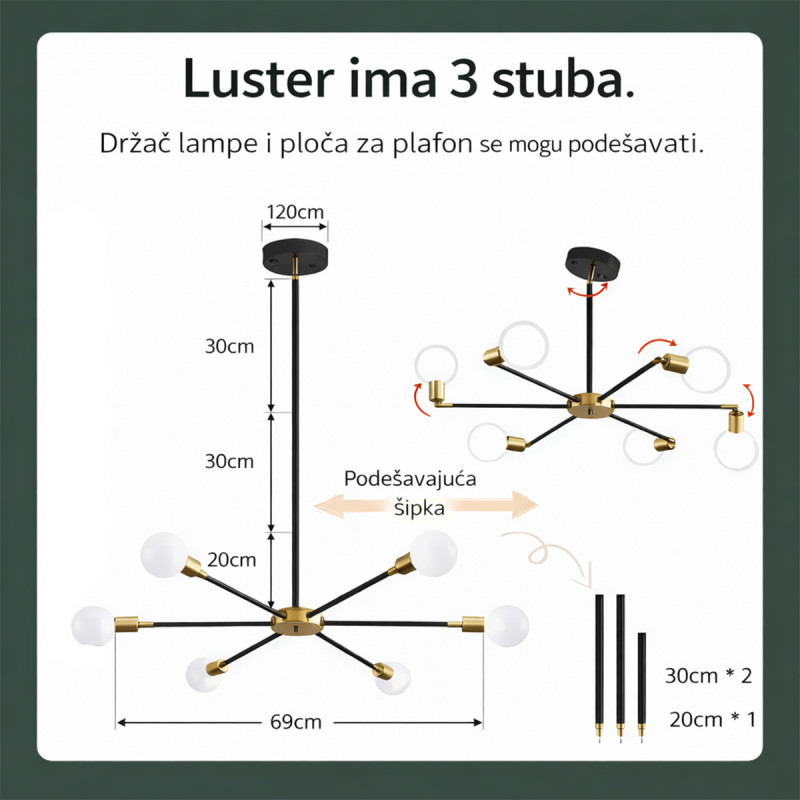 Orbit 6 – crno-zlatni plafonski luster sa šest svetlosnih tačaka