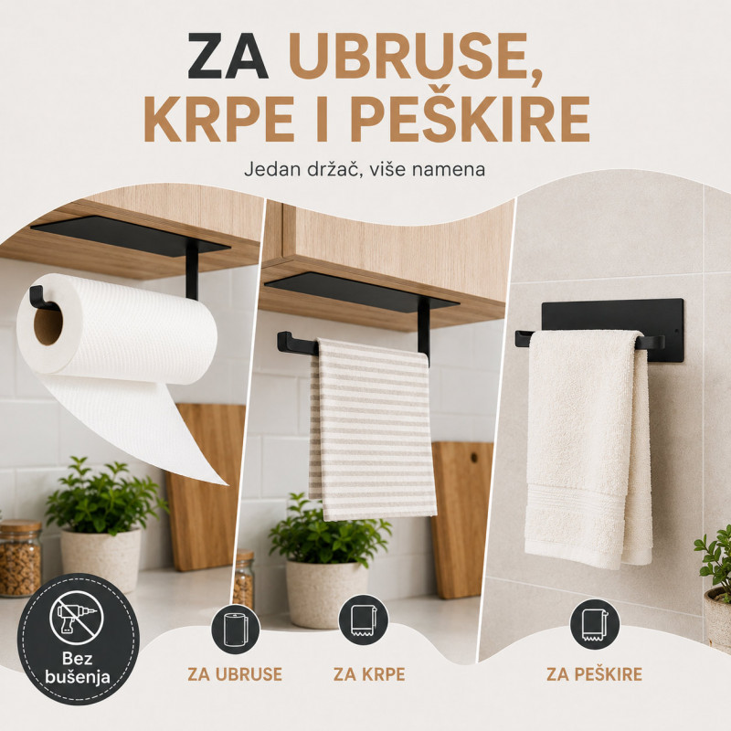 Samolepljivi metalni držač za ubruse i krpe - Crni
