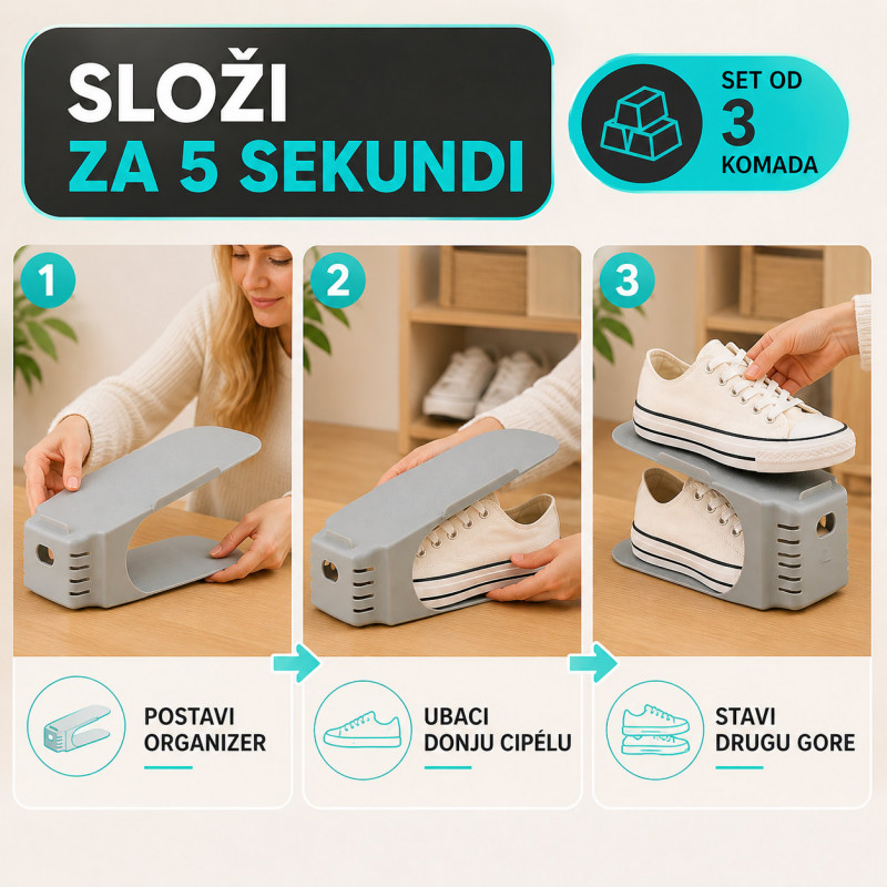 Set od 3 organizatora za obuću – Duplo više mesta u ormariću