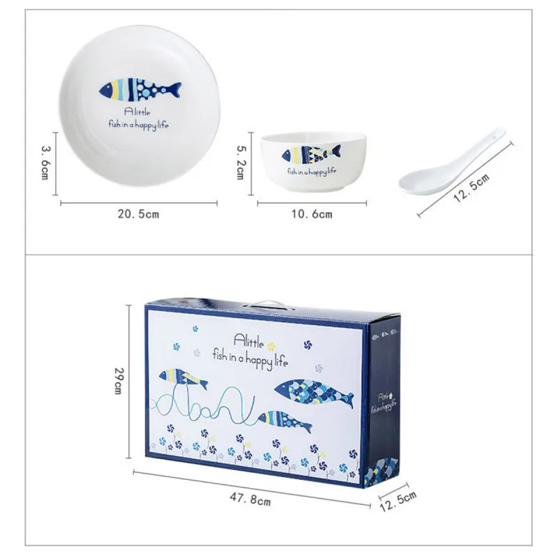 Happy Sea Life - porcelanski set tanjira i činija sa kašikama u poklon pakovanju