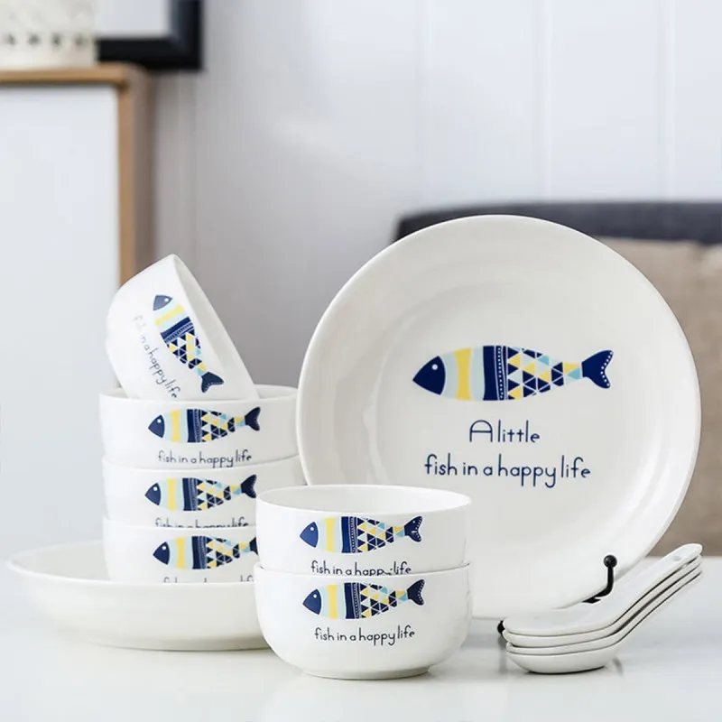 Happy Sea Life - porcelanski set tanjira i činija sa kašikama u poklon pakovanju