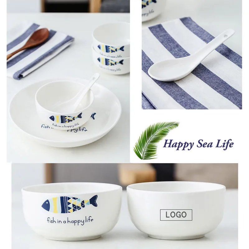 Happy Sea Life - porcelanski set tanjira i činija sa kašikama u poklon pakovanju
