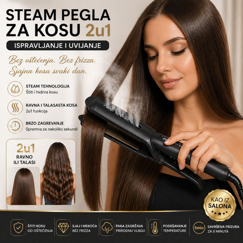 Steam Pegla za Kosu 2u1 – Ispravljanje i Uvijanje Bez Oštećenja | Sjajna Kosa za 5 Minuta