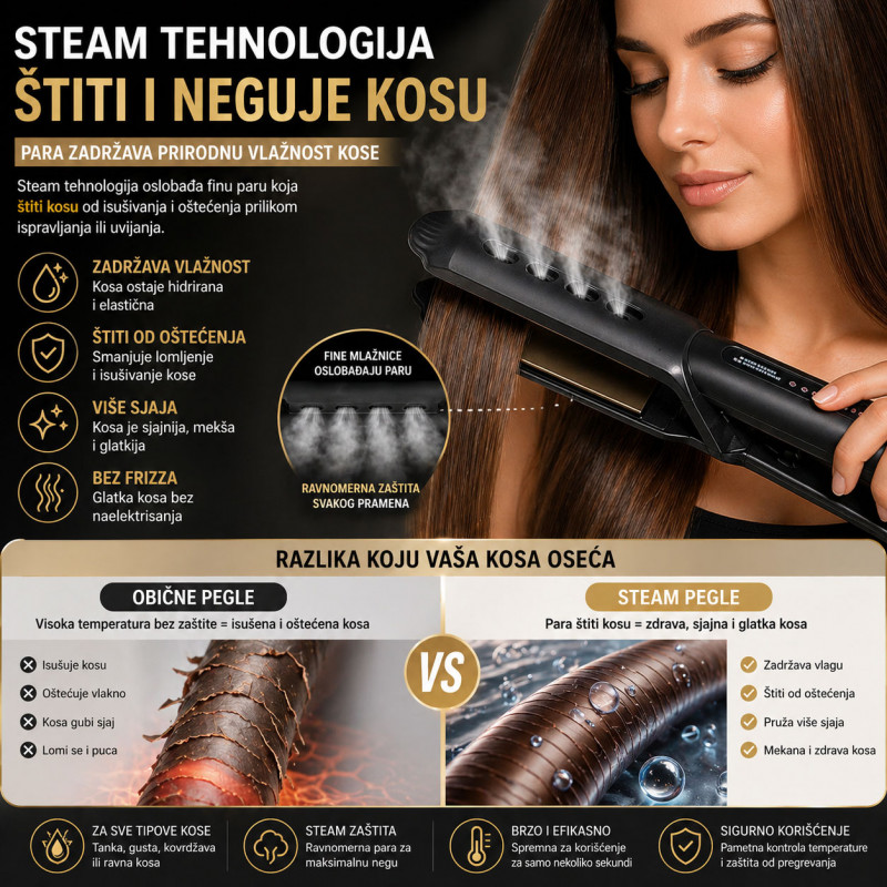 Steam Pegla za Kosu 2u1 – Ispravljanje i Uvijanje Bez Oštećenja | Sjajna Kosa za 5 Minuta