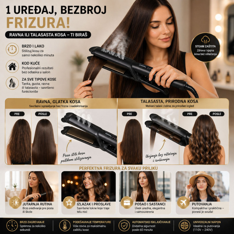 Steam Pegla za Kosu 2u1 – Ispravljanje i Uvijanje Bez Oštećenja | Sjajna Kosa za 5 Minuta
