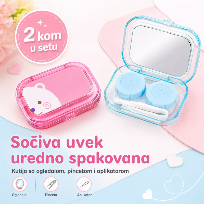 Set 2 kutije za sočiva sa ogledalom, pincetom i aplikatorom