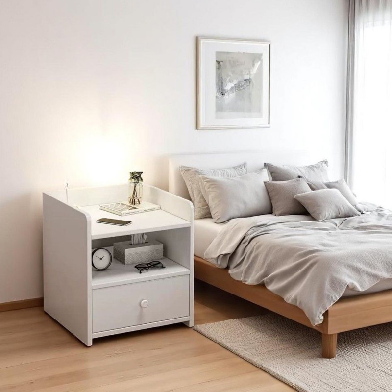 WOODLY WHITE - noćni stočić sa fiokom i otvorenim policama