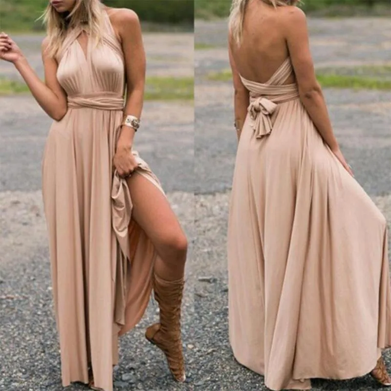 Diana Beige Long Dress – Bež elegantna haljina sa različitim mogućnostima vezivanja