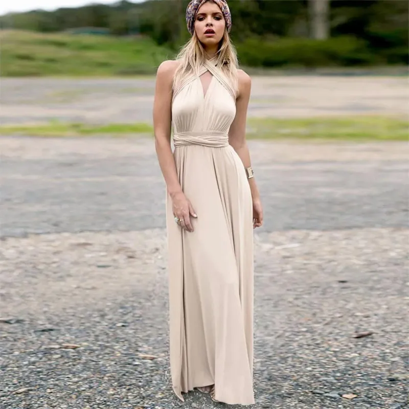 Diana Beige Long Dress – Bež elegantna haljina sa različitim mogućnostima vezivanja