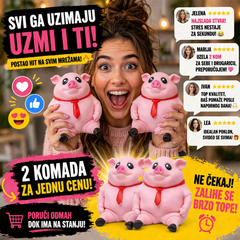 2 x Prasence koje topi stres za 5 sekundi - Pink Piggy - 2 komada!