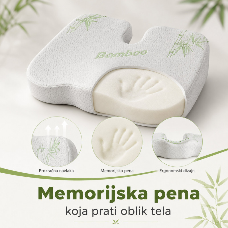 Bamboo Comfort ortopedski jastuk od memorijske pene za sedenje – podrška za leđa i trtičnu kost