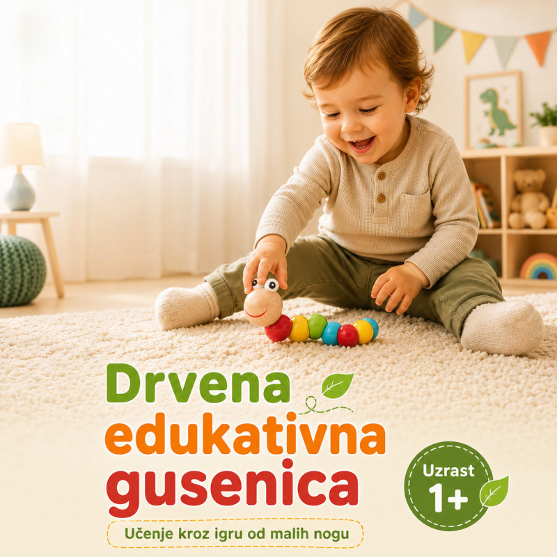 Drvena gusenica za decu – edukativna igračka za boje, motoriku i slaganje