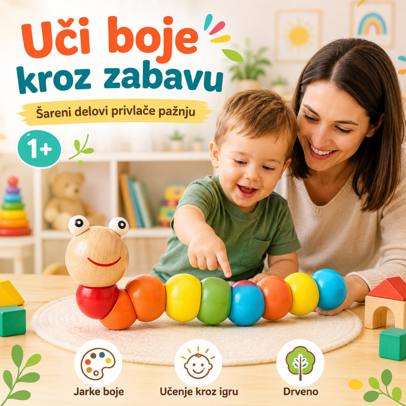 Drvena gusenica za decu – edukativna igračka za boje, motoriku i slaganje