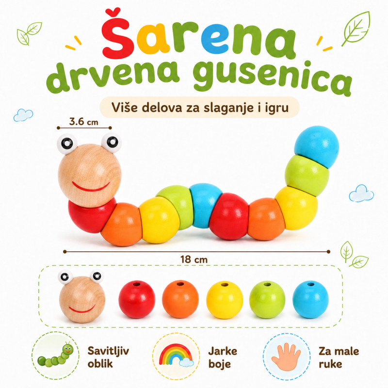Drvena gusenica za decu – edukativna igračka za boje, motoriku i slaganje