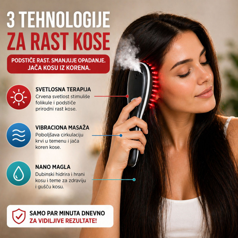 Pametna Četka za rast kose 3u1 – Svetlosna terapija, vibracija i nano magla
