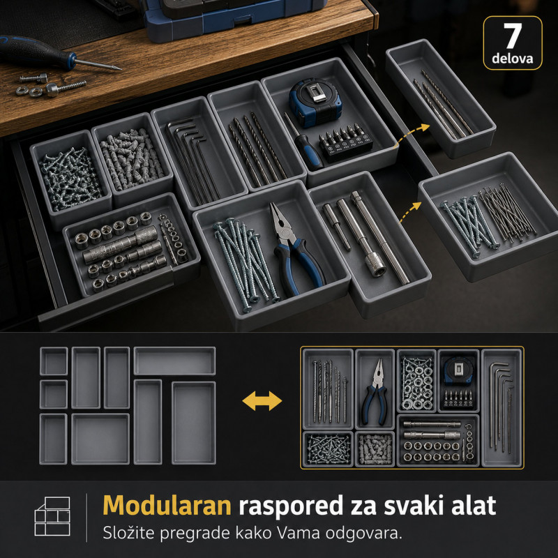 Modularni organizer za alat i sitnice – set od 7 pregrada za fioku
