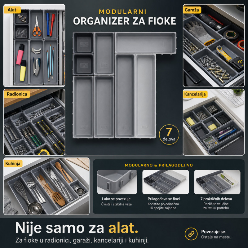 Modularni organizer za alat i sitnice – set od 7 pregrada za fioku