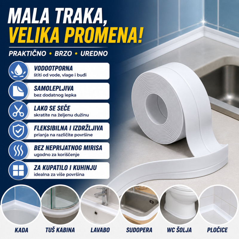 Samolepljiva vodootporna silikonska traka za spojeve – za kadu, lavabo i sudoperu