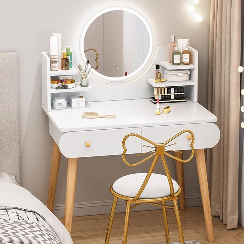 Toaletni stočić za šminkanje sa LED ogledalom na dodir - WHITE WOOD MAKE-UP