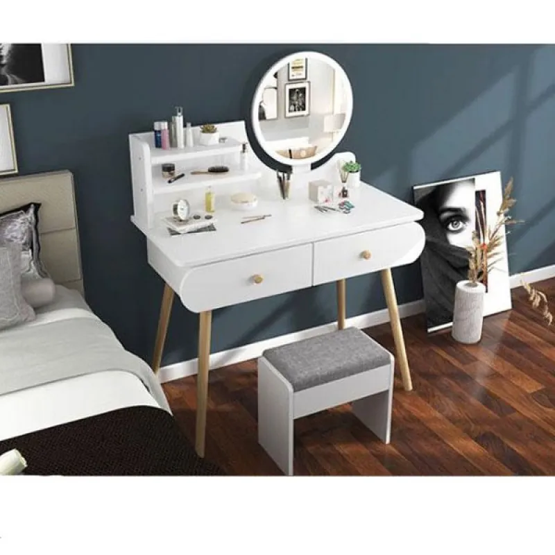 Toaletni stočić za šminkanje sa LED ogledalom na dodir - WHITE WOOD MAKE-UP