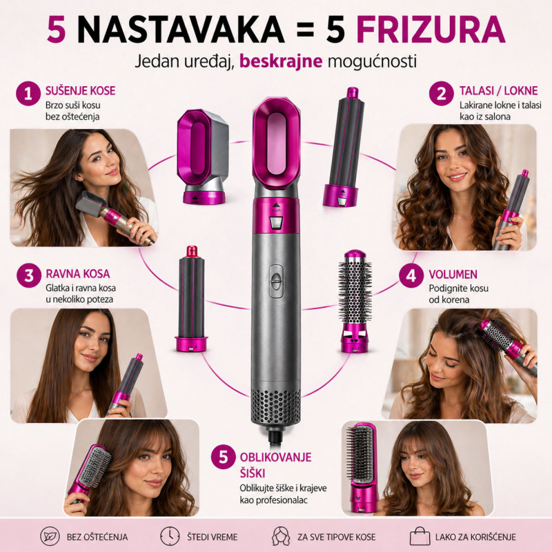 Air Styler 5u1 fen sa nastavcima - Frizura kao iz salona za 5 minuta kod kuće