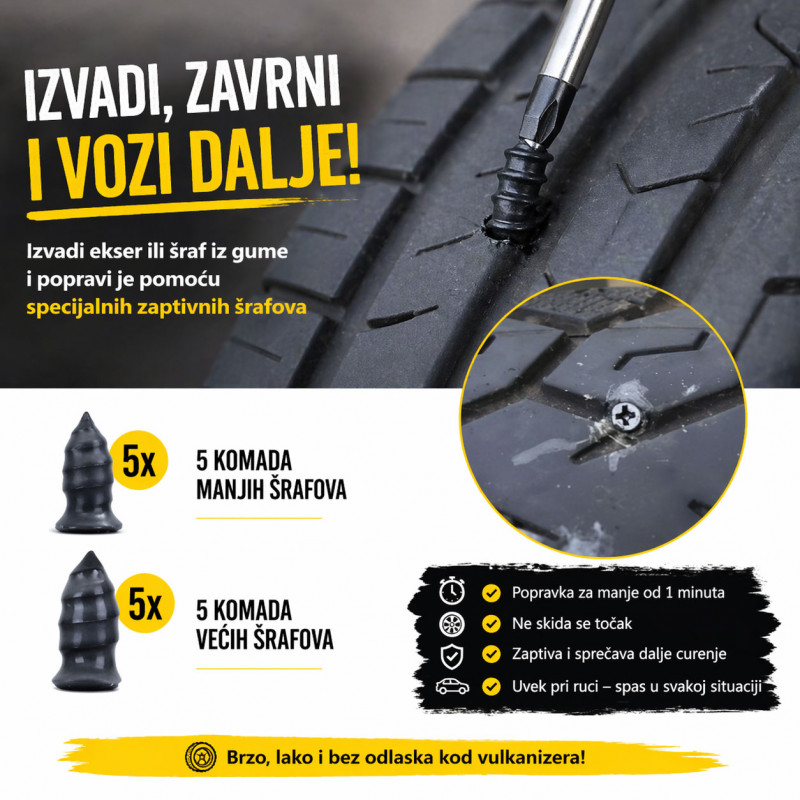 Magični šrafovi za gume - Popravi gumu za 30 sekundi – bez vulkanizera!