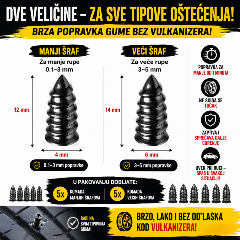 Magični šrafovi za gume - Popravi gumu za 30 sekundi – bez vulkanizera!
