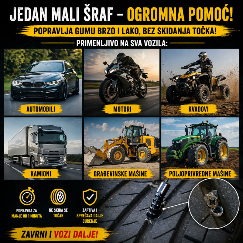 Magični šrafovi za gume - Popravi gumu za 30 sekundi – bez vulkanizera!