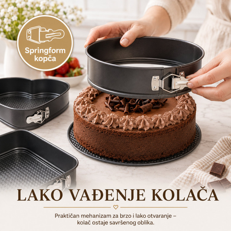 Set od 3 springform kalupa za torte i kolače – okrugli, kvadratni i srce