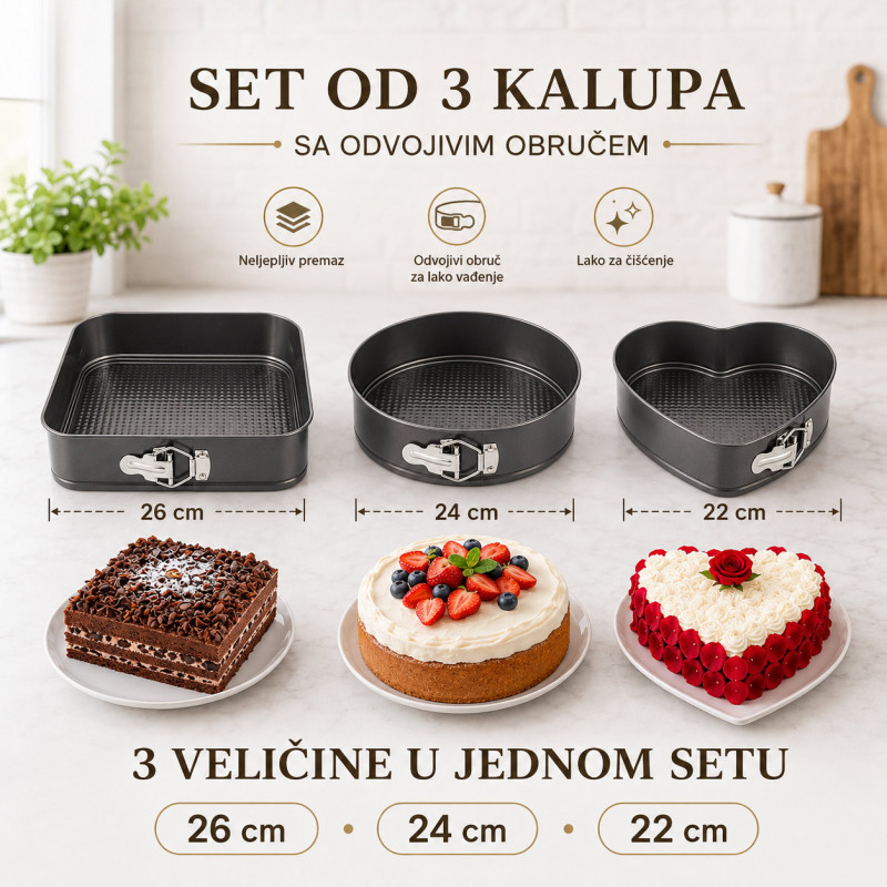 Set od 3 springform kalupa za torte i kolače – okrugli, kvadratni i srce