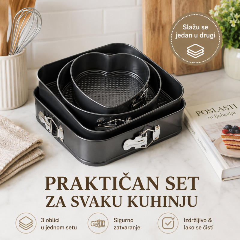Set od 3 springform kalupa za torte i kolače – okrugli, kvadratni i srce