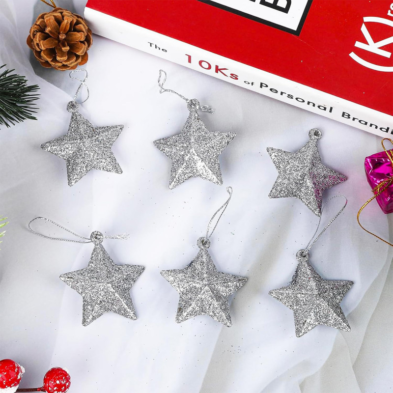 Silver stars - Set od 6 SREBRNIH zvezda ukrasa za jelku