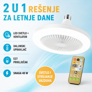 Plafonski LED ventilator 2 u 1 sa klasičnim E27 grlom i daljinskim upravljačem – 40 W