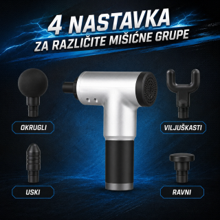 Bežični masažni pištolj sa 4 glave i podesivim intenzitetom
