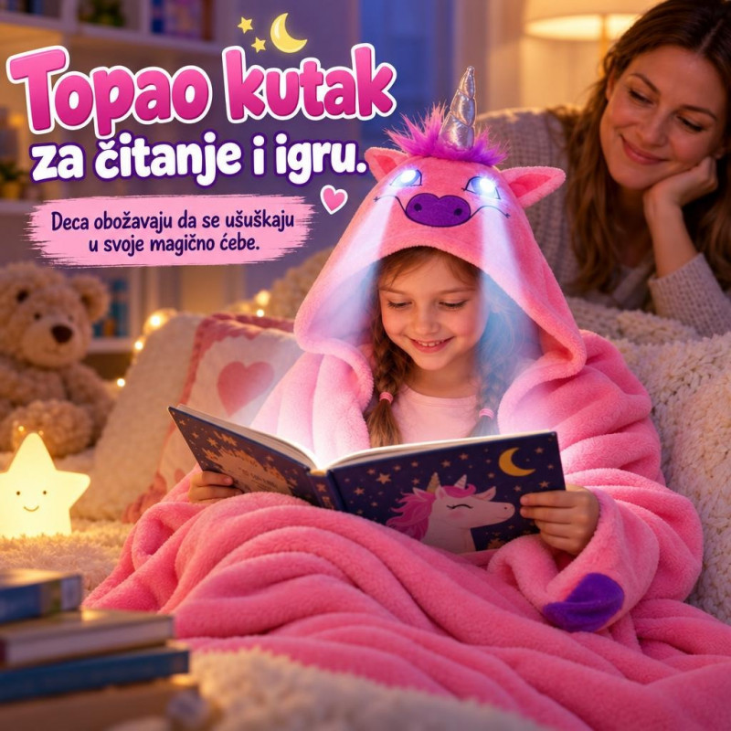 Jednorog Magično ćebe sa svetlima 3 u 1 - Ćebe, jastuk i ogrtač sa kapuljačom