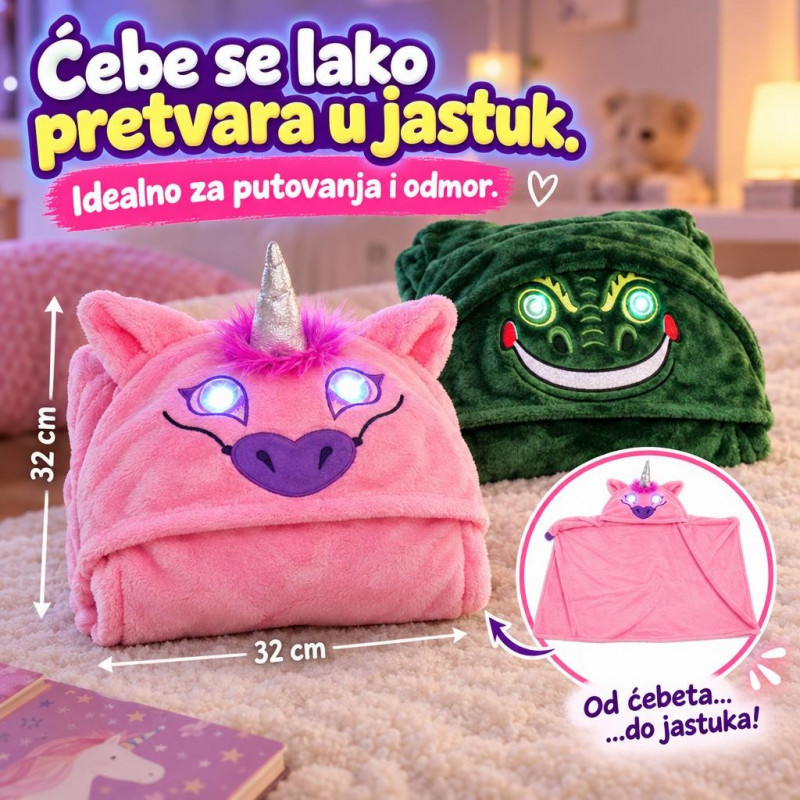 Jednorog Magično ćebe sa svetlima 3 u 1 - Ćebe, jastuk i ogrtač sa kapuljačom