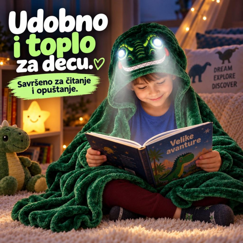 Dinosaurus Magično ćebe sa svetlima 3 u 1 - Ćebe, jastuk i ogrtač sa kapuljačom