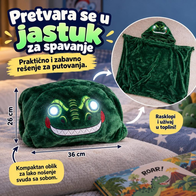 Dinosaurus Magično ćebe sa svetlima 3 u 1 - Ćebe, jastuk i ogrtač sa kapuljačom