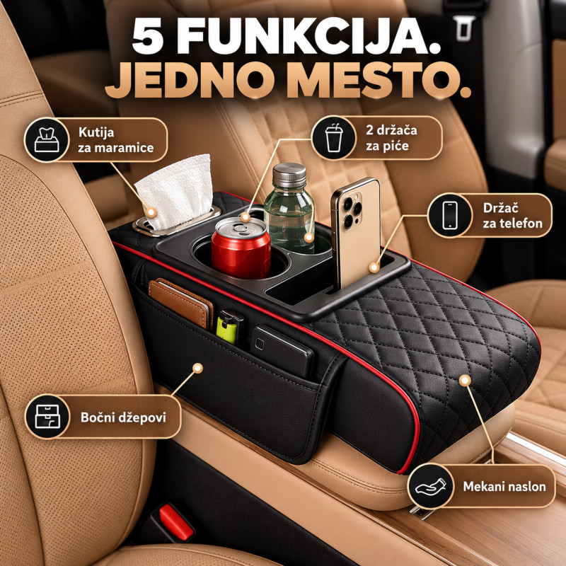 5u1 Auto naslon za centralni naslon sa organizatorom, držačima za čaše i maramice