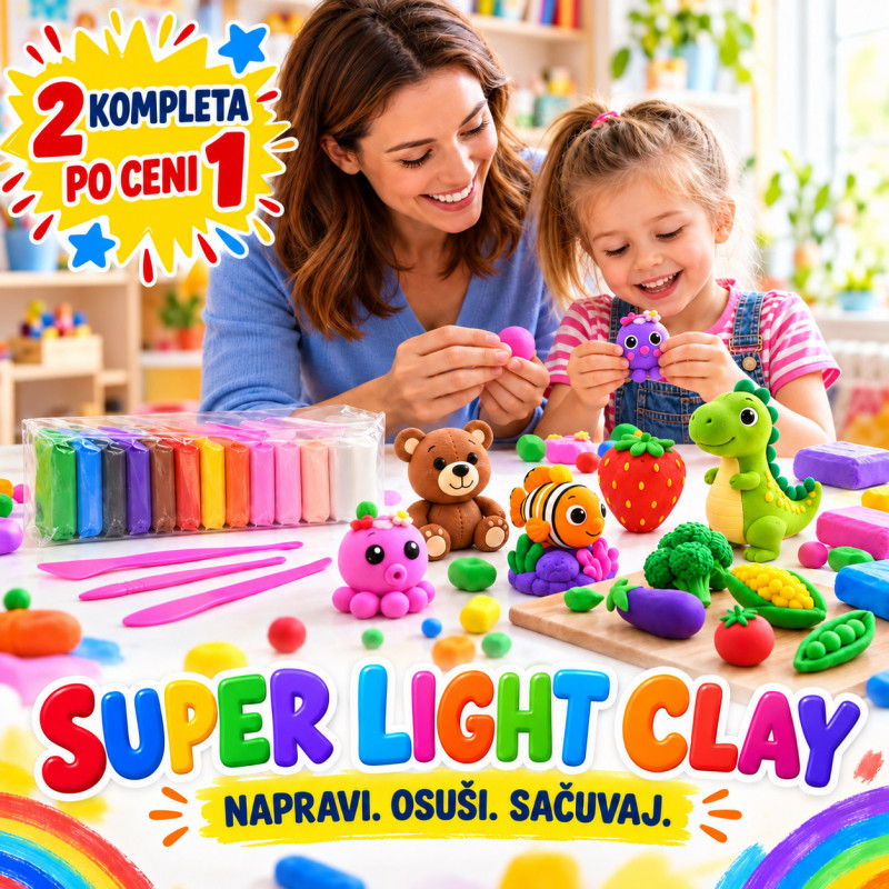 Super Light Clay – samosušeća masa za modelovanje i oblikovanje, 12 boja + 3 alata