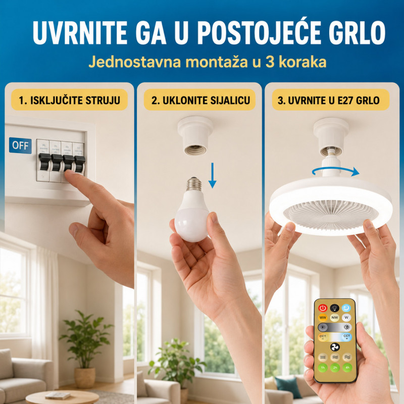 Plafonski LED ventilator 2 u 1 sa klasičnim E27 grlom i daljinskim upravljačem – 40 W
