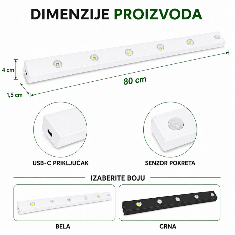 Magnetna LED lampa sa senzorom pokreta 80 cm sa USB kablom