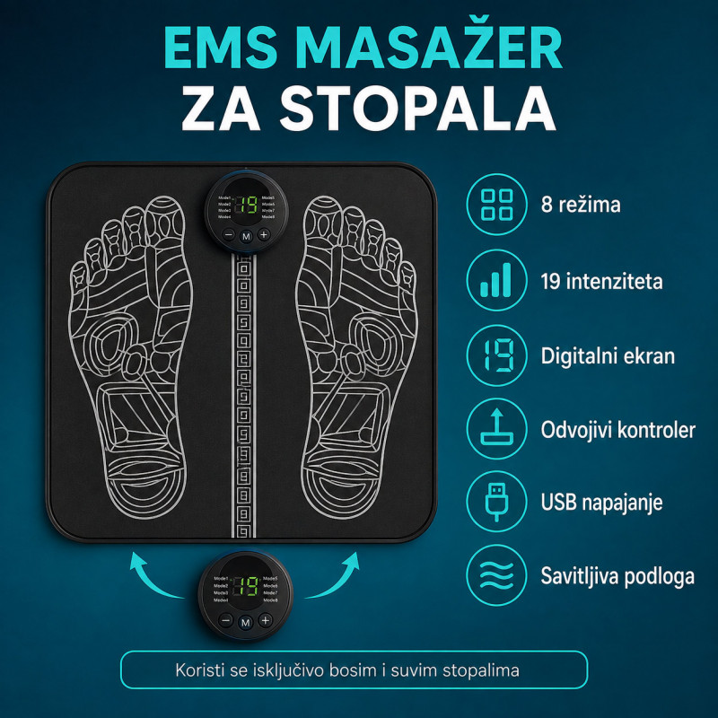 EMS masažer za stopala – 8 režima i 19 nivoa intenziteta