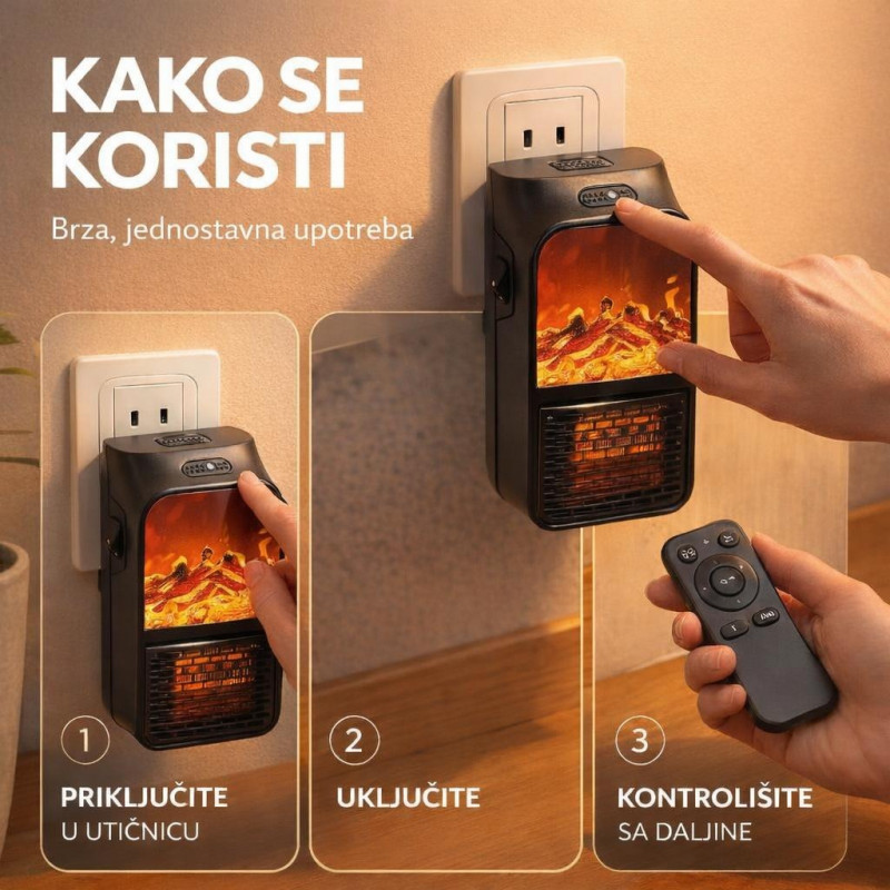 Prenosivi električni grejač Kamin - Flame Heater 900W sa daljinskim upravljačem