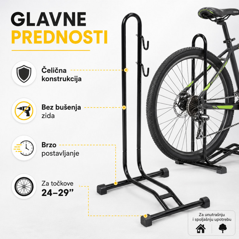 Podni stalak za bicikl 24–29” – čelični parking držač sa kukama