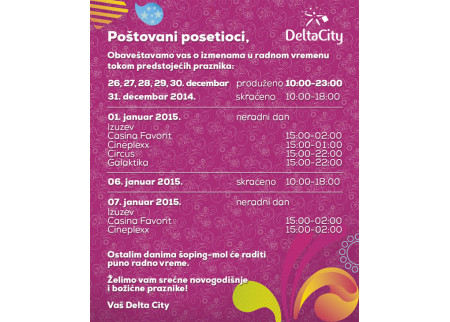Radno vreme TC Delta City tokom predstojećih praznika!