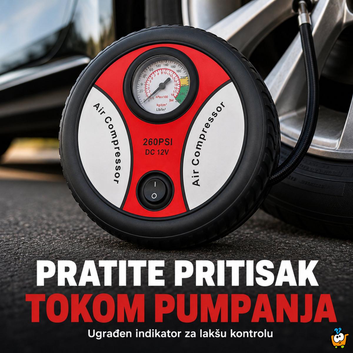 Auto kompresor za gume 12V u obliku točka – prenosiva pumpa za automobil, bicikl i lopte